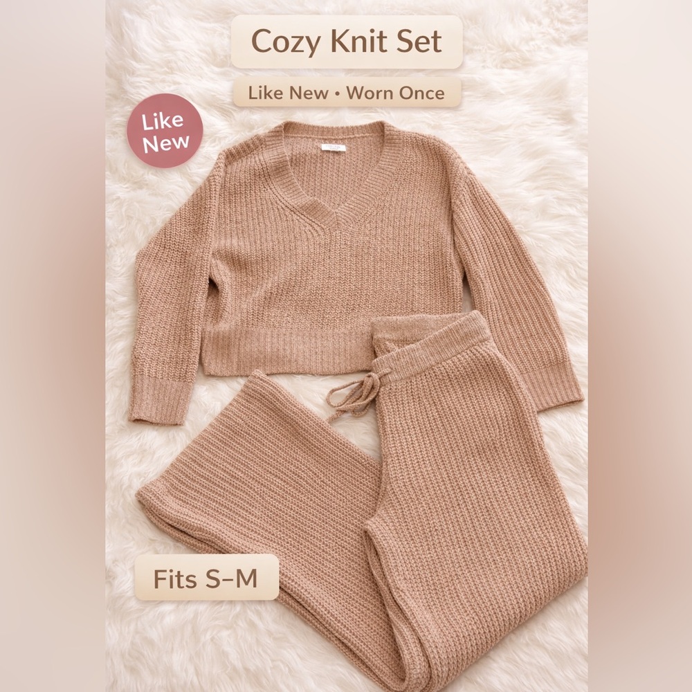 Cozy V-Neck Knit Sweater and Jogger Set - Taupe